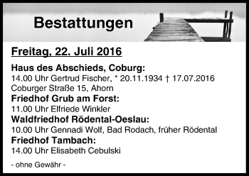 Anzeige von Beerdigungen vom 22.07.2016 von MGO