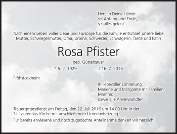 Anzeige von Rosa Pfister von MGO