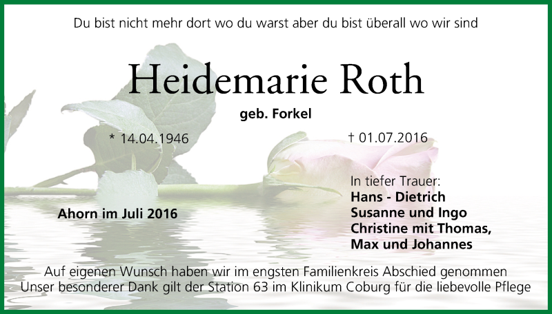  Traueranzeige für Heidemarie Roth vom 20.07.2016 aus MGO