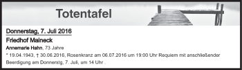 Anzeige von Totentafel vom 07.07.2016 von MGO
