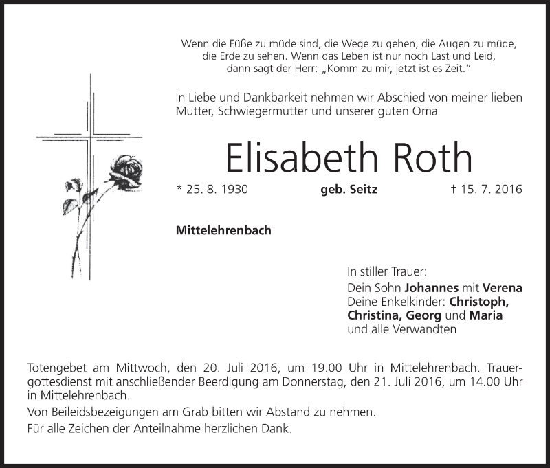  Traueranzeige für Elisabeth Roth vom 19.07.2016 aus MGO