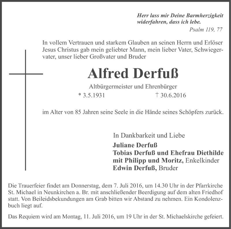 Traueranzeige für Alfred Derfuß vom 02.07.2016 aus MGO