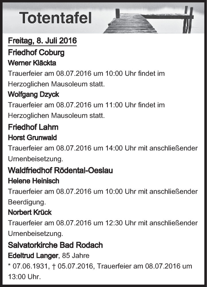  Traueranzeige für Totentafel vom 08.07.2016 vom 08.07.2016 aus MGO