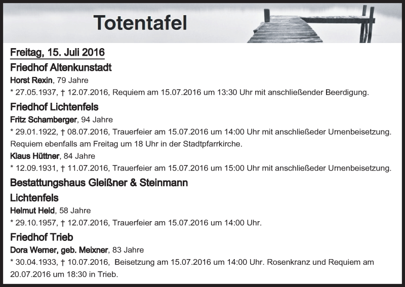  Traueranzeige für Totentafel vom 15.07.2016 vom 15.07.2016 aus MGO