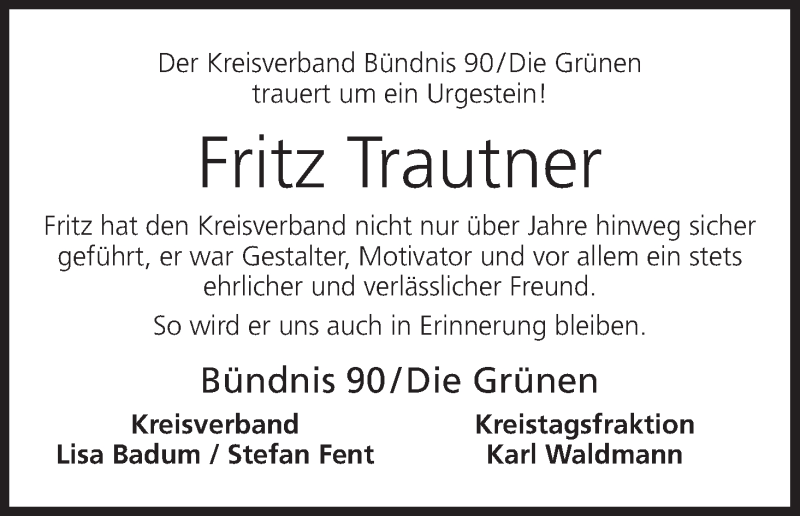  Traueranzeige für Fritz Trautner vom 23.07.2016 aus MGO