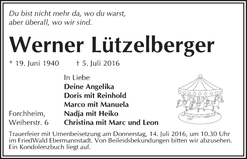  Traueranzeige für Werner Lützelberger vom 11.07.2016 aus MGO