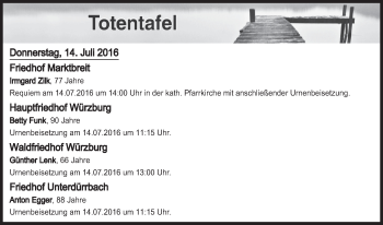 Anzeige von Totentafel vom 14.07.2016 von MGO