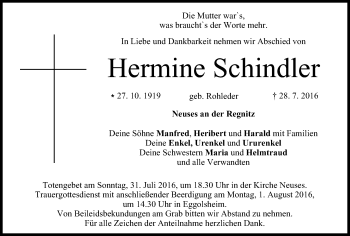 Anzeige von Hermine Schindler von MGO