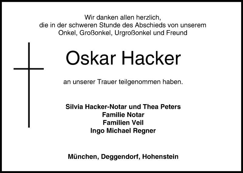  Traueranzeige für Oskar Hacker vom 02.07.2016 aus MGO