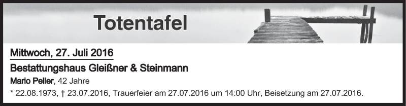  Traueranzeige für Totentafel vom 27.07.2016 vom 27.07.2016 aus MGO