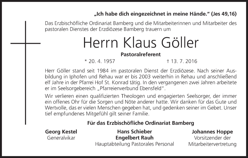  Traueranzeige für Klaus Göller vom 20.07.2016 aus MGO