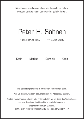 Anzeige von Peter Söhnen von MGO