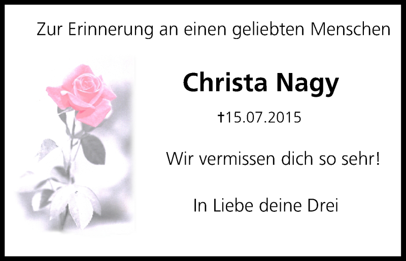  Traueranzeige für Christa Nagy vom 15.07.2016 aus MGO