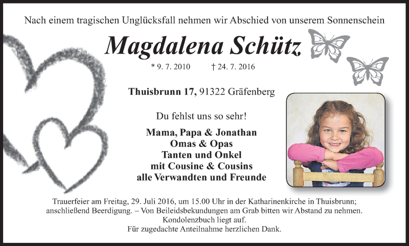  Traueranzeige für Magdalena Schütz vom 28.07.2016 aus MGO