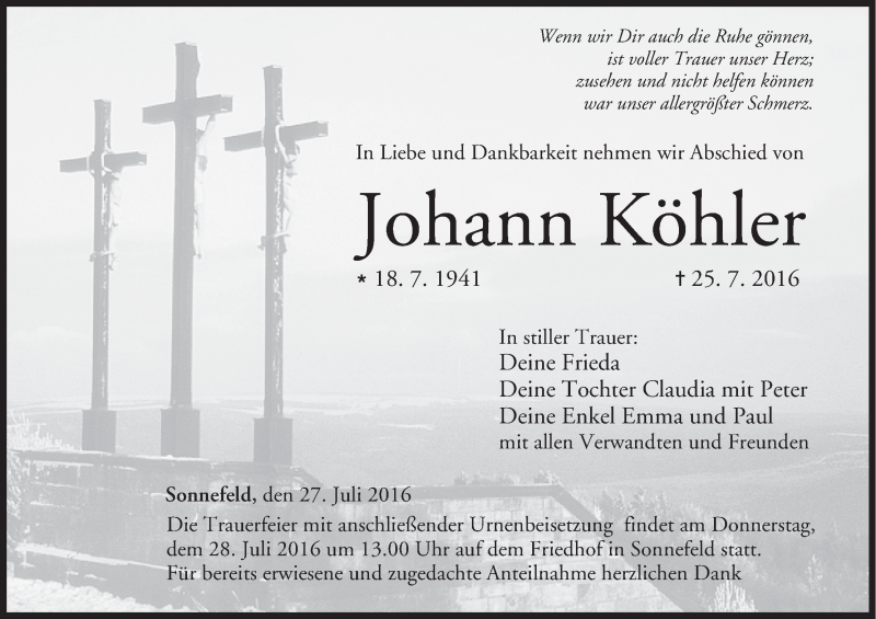  Traueranzeige für Johann Köhler vom 27.07.2016 aus MGO