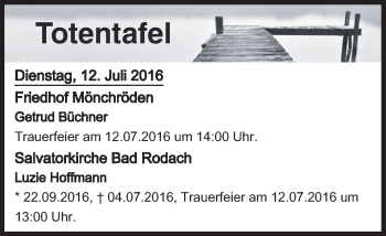 Anzeige von Totentafel vom 12.07.2016 von MGO