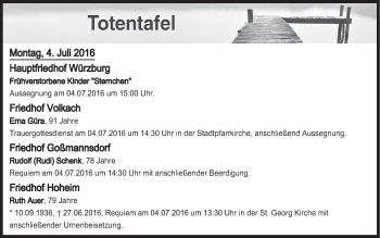 Anzeige von Totentafel vom 04.07.2016 von MGO