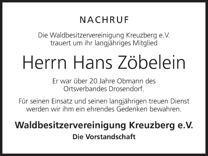  Traueranzeige für Hans Zöbelein vom 30.07.2016 aus MGO