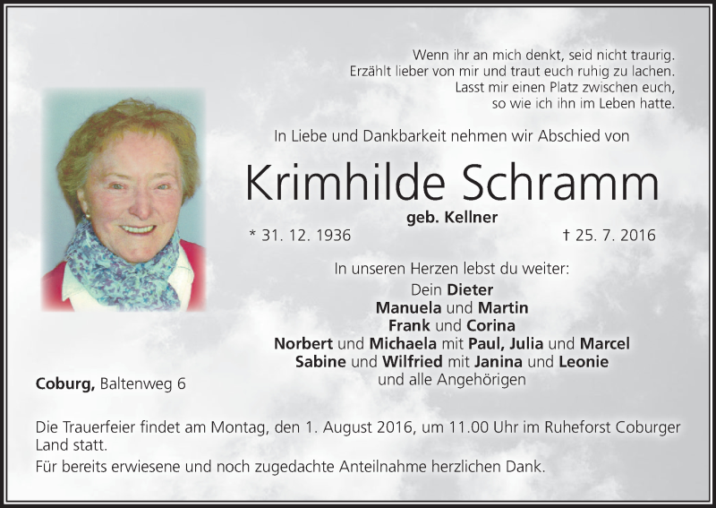  Traueranzeige für Krimhilde Schramm vom 30.07.2016 aus MGO