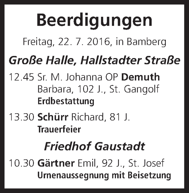  Traueranzeige für Beerdigungen vom 22.07.2016 vom 22.07.2016 aus MGO