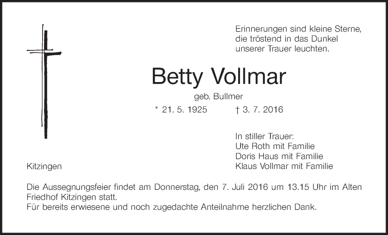  Traueranzeige für Betty Vollmar vom 05.07.2016 aus MGO