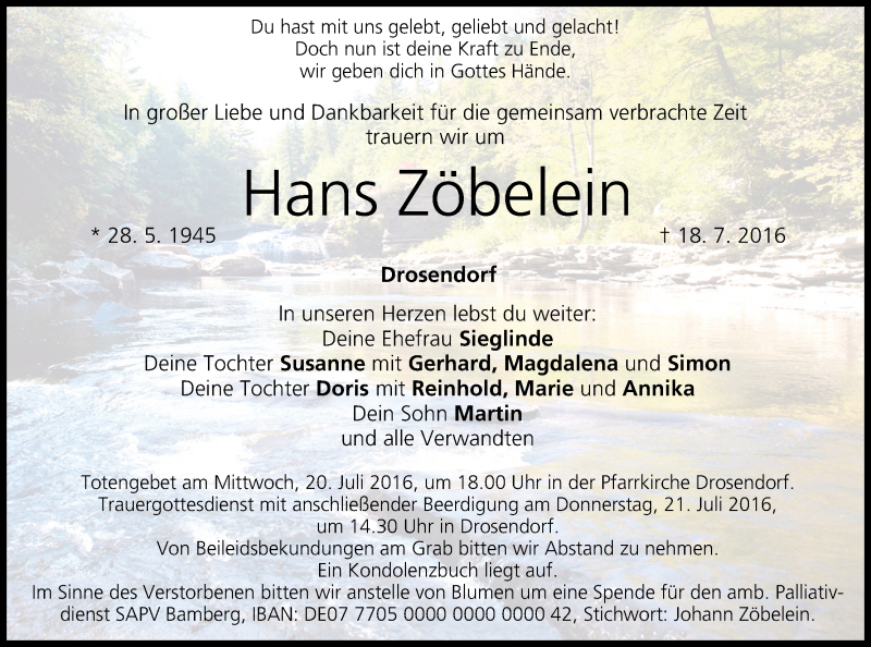 Traueranzeige für Hans Zöbelein vom 19.07.2016 aus MGO