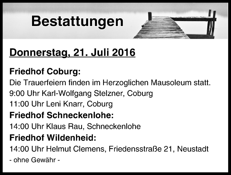  Traueranzeige für Beerdigungen vom 21.07.2016 vom 21.07.2016 aus MGO