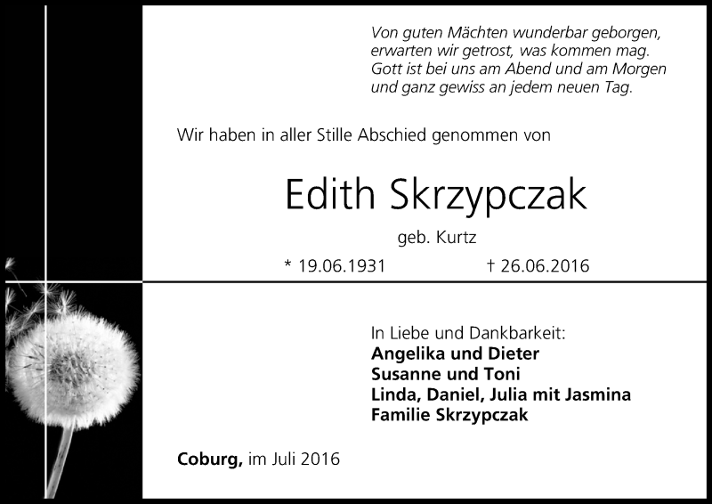  Traueranzeige für Edith Skrzypczak vom 01.07.2016 aus MGO