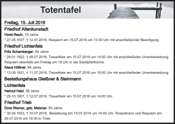 Anzeige von Totentafel vom 15.07.2016 von MGO