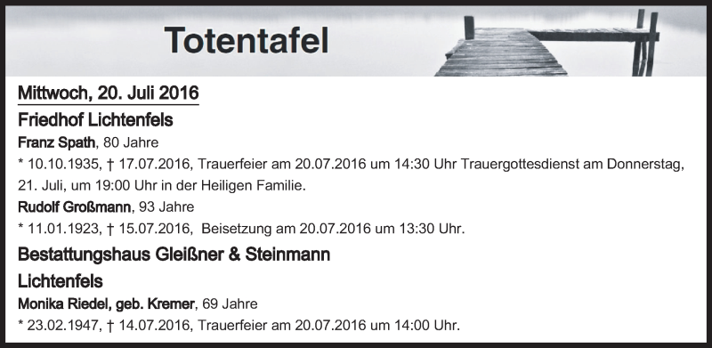  Traueranzeige für Totentafel vom 20.07.2016 vom 20.07.2016 aus MGO