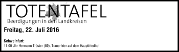 Anzeige von Totentafel vom 22.07.2016 von MGO