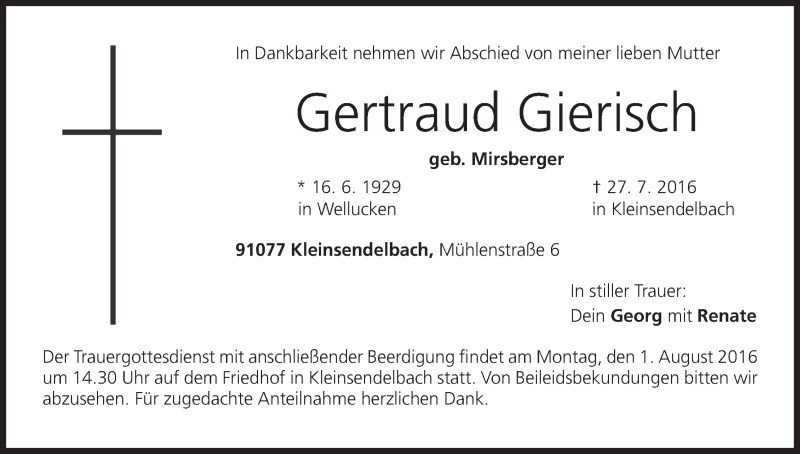  Traueranzeige für Gertraud Gierisch vom 30.07.2016 aus MGO