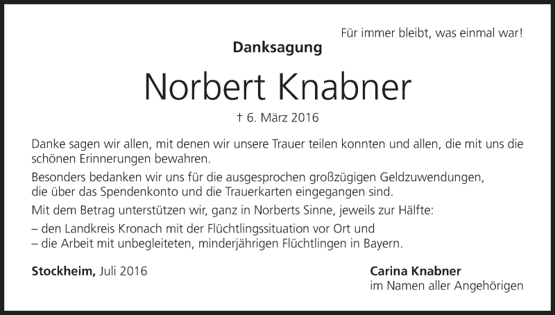  Traueranzeige für Norbert Knabner vom 08.07.2016 aus MGO