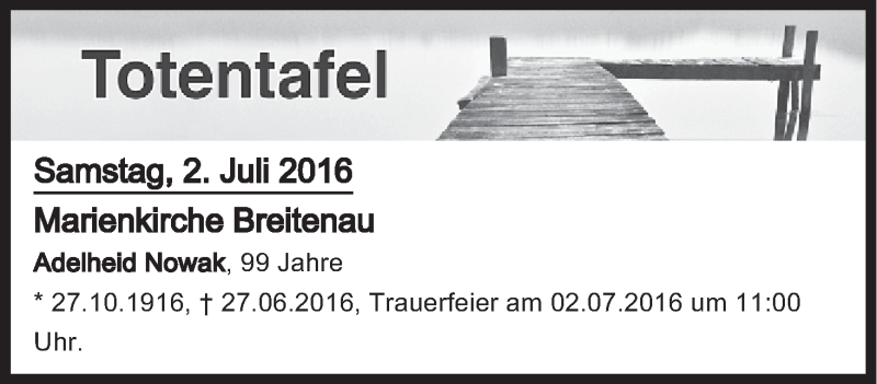  Traueranzeige für Totentafel vom 02.07.2016 vom 02.07.2016 aus MGO