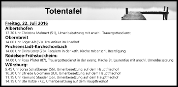 Anzeige von Totentafel vom 22.07.2016 von MGO