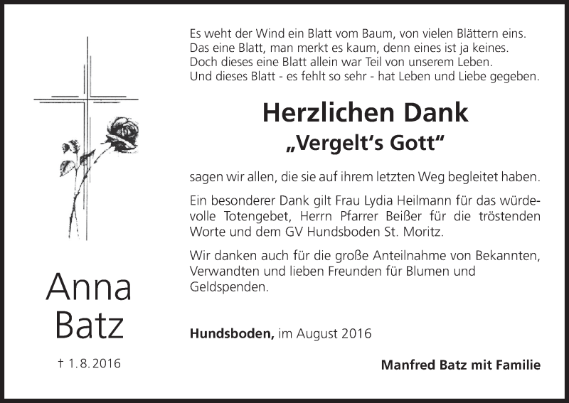  Traueranzeige für Anna Batz vom 27.08.2016 aus MGO