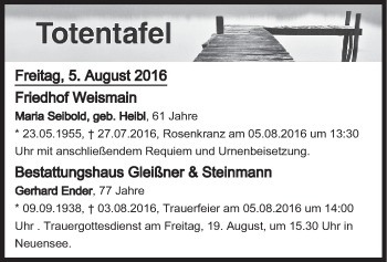 Anzeige von Totentafel vom 05.08.2016 von MGO