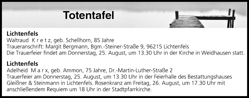  Traueranzeige für Totentafel vom 24.08.2016 vom 24.08.2016 aus MGO