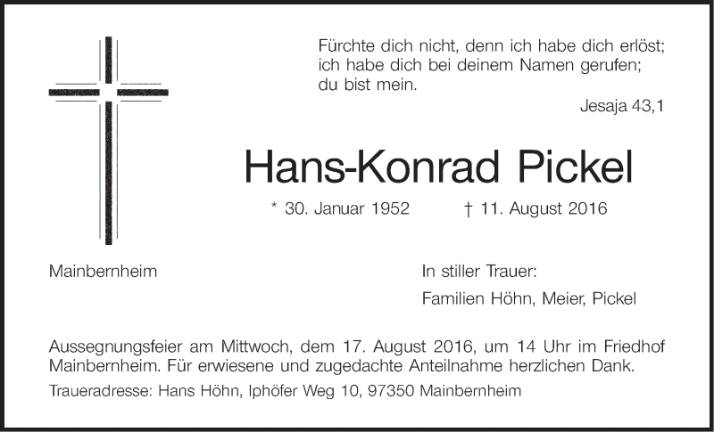  Traueranzeige für Hans-Konrad Pickel vom 13.08.2016 aus MGO