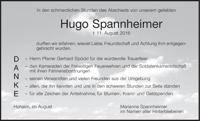  Traueranzeige für Hugo Spannheimer vom 27.08.2016 aus MGO
