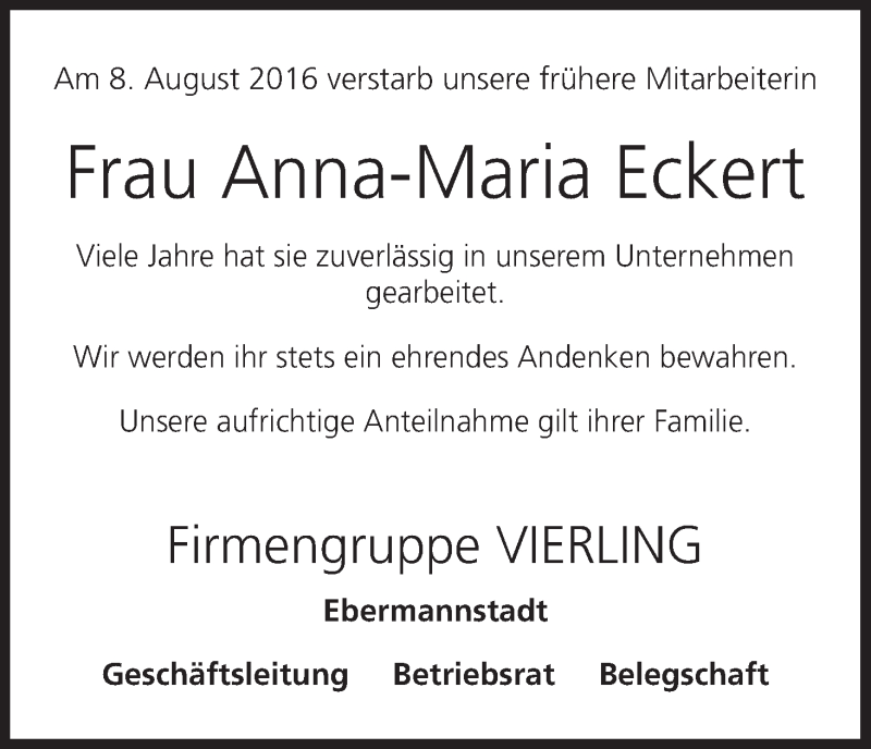  Traueranzeige für Anna-Maria Eckert vom 10.08.2016 aus MGO