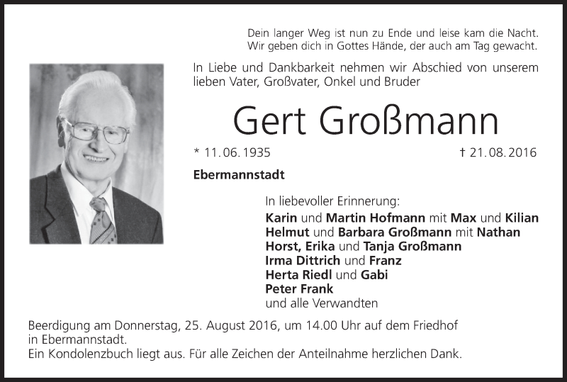  Traueranzeige für Gert Großmann vom 24.08.2016 aus MGO