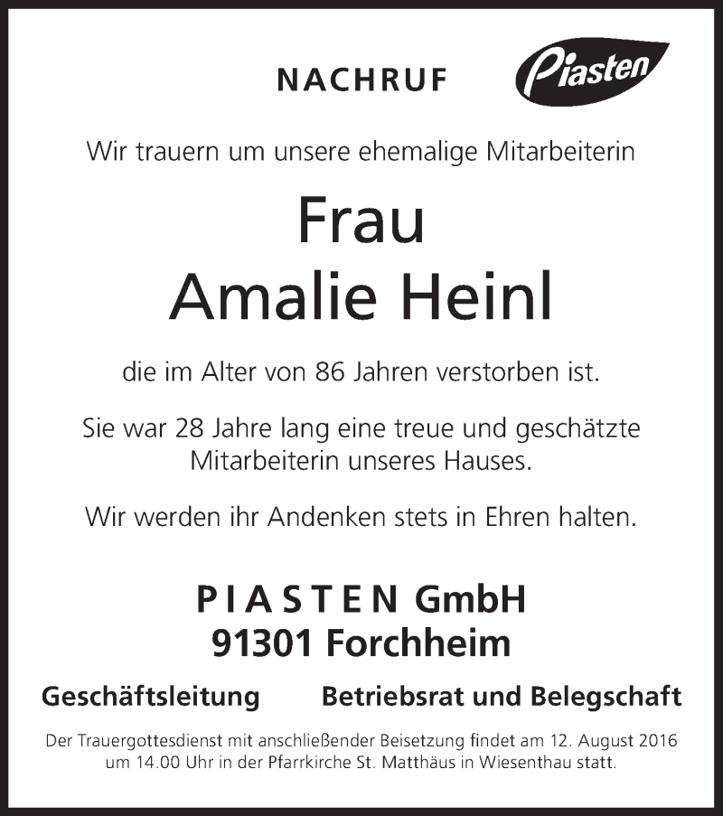  Traueranzeige für Amalie Heinl vom 10.08.2016 aus MGO