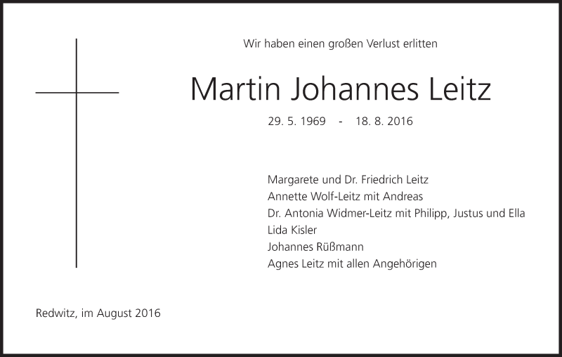  Traueranzeige für Martin Johannes Leitz vom 22.08.2016 aus MGO