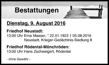 Anzeige von Bestattungen vom 09.08.2016 von MGO