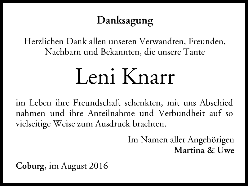  Traueranzeige für Leni Knarr vom 06.08.2016 aus MGO