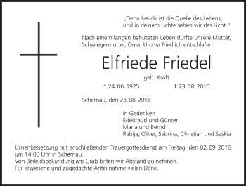 Anzeige von Elfriede Friedel von MGO