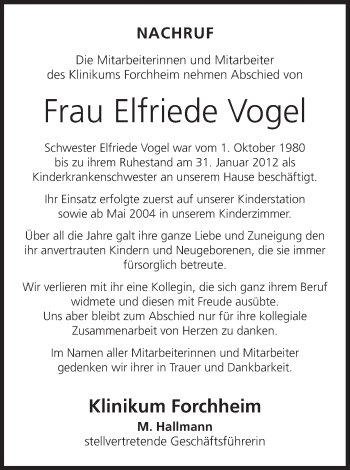 Anzeige von Elfriede Vogel von MGO