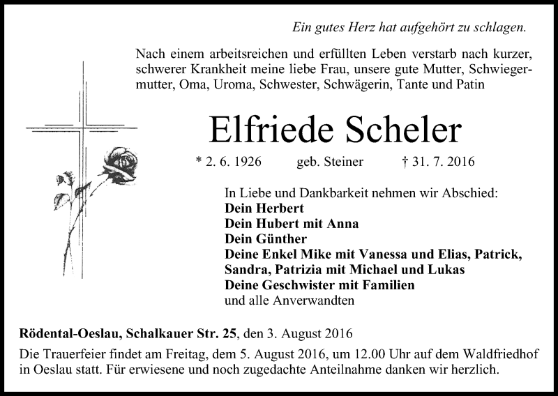  Traueranzeige für Elfriede Scheler vom 03.08.2016 aus MGO