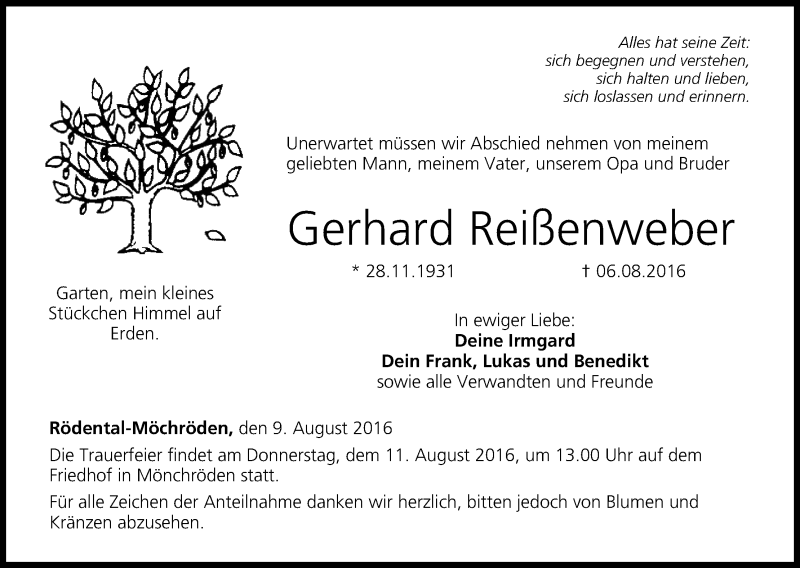  Traueranzeige für Gerhard Reißenweber vom 09.08.2016 aus MGO